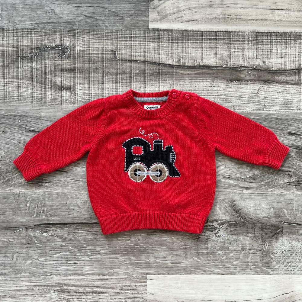 Vintage OshKosh B’gosh Red Baby Train Sweater Size 9 Months